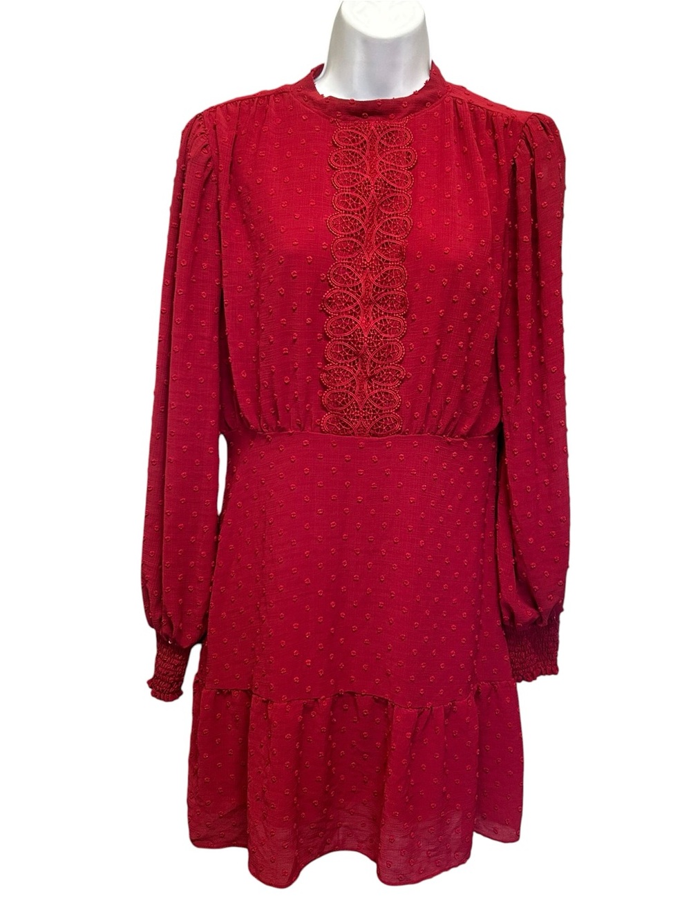 BCBG Paris Red Chenille Dot Lace Front High Neck Dress Size S